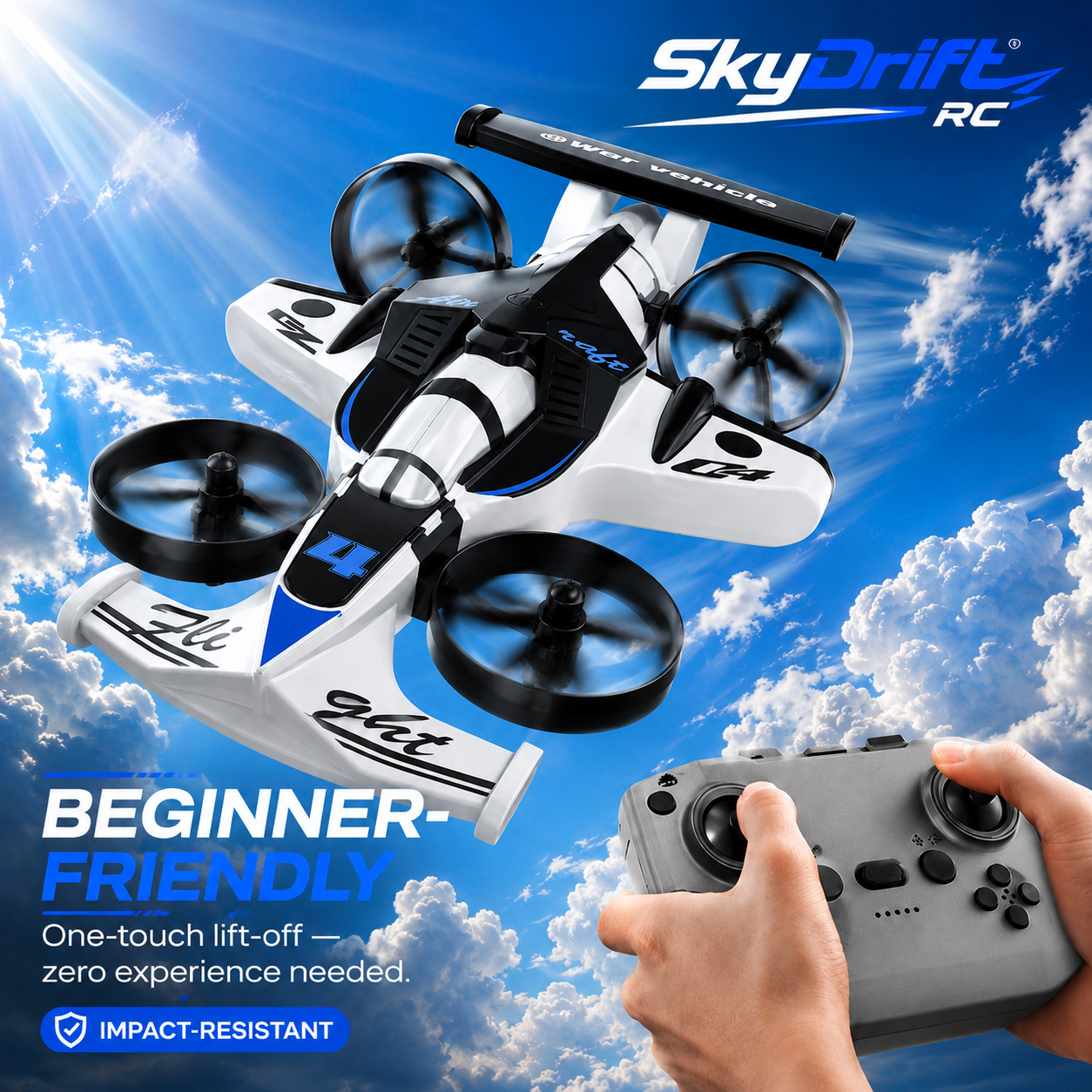 SkyDrift RC™ — 2-in-1 Land & Air RC Car + Plane | 360° Drift, One-Touch Lift-Off